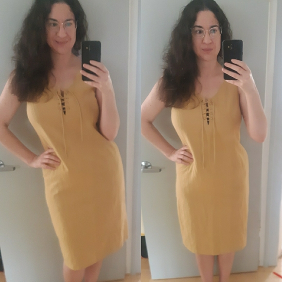 🍓Vintage 90s Y2K Linen Lace Up Dress Neutral M/L - Picture 3 of 6